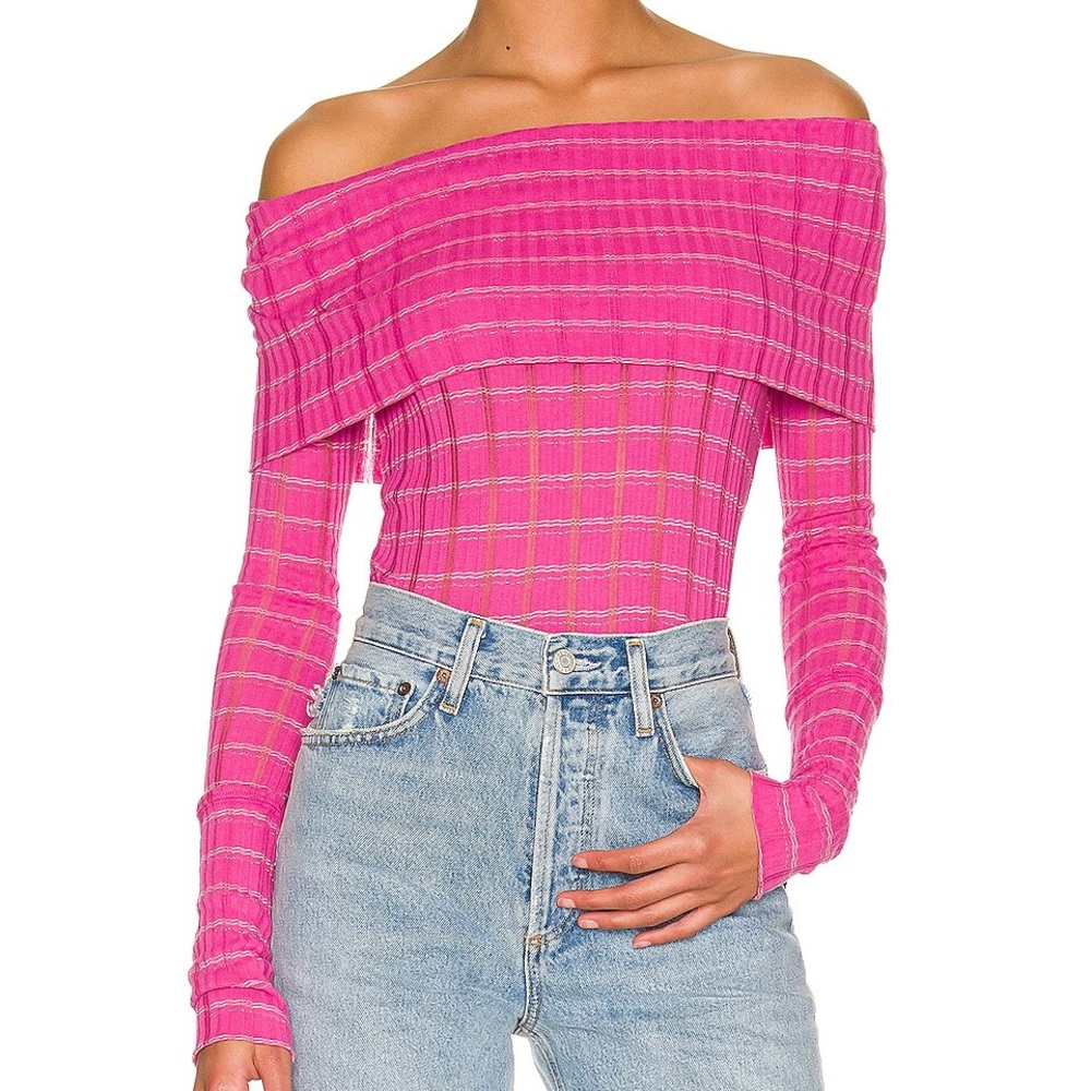 FREE PEOPLE Snowbunny‎ Girlfriend Rib Top In Fuchsia Fizz Combo